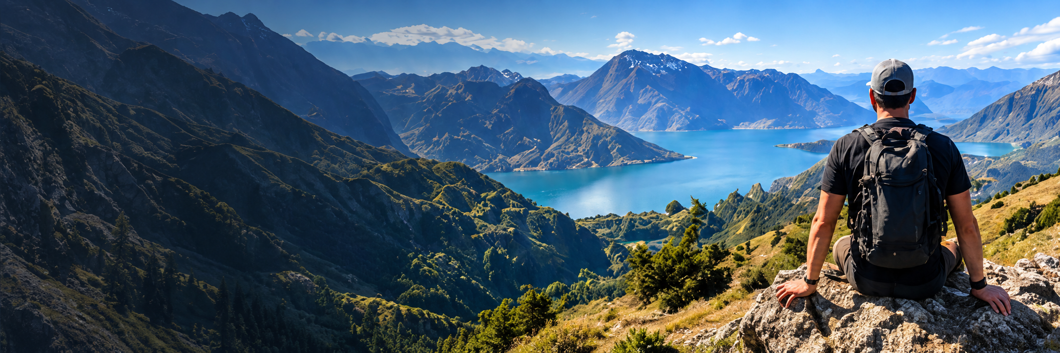 Hiker overlooking mountains and a lake
